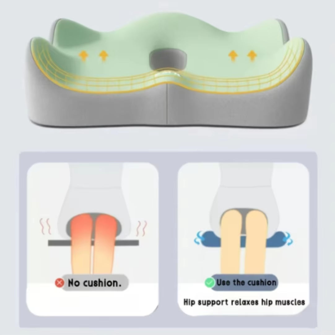 1Pc Memory Foam Seat Cushion - 3D Ergonomic Support| Light Green & Grey, Washable Polyester, Car/Office Essentials